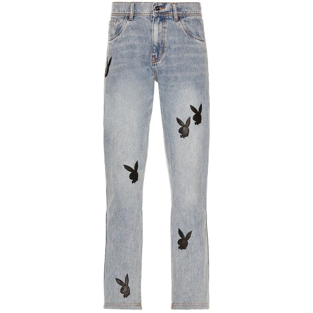 Playboy X Pleasures Black‎ Leather Bunny Applique Denim Jeans Men’s Size 28 RARE